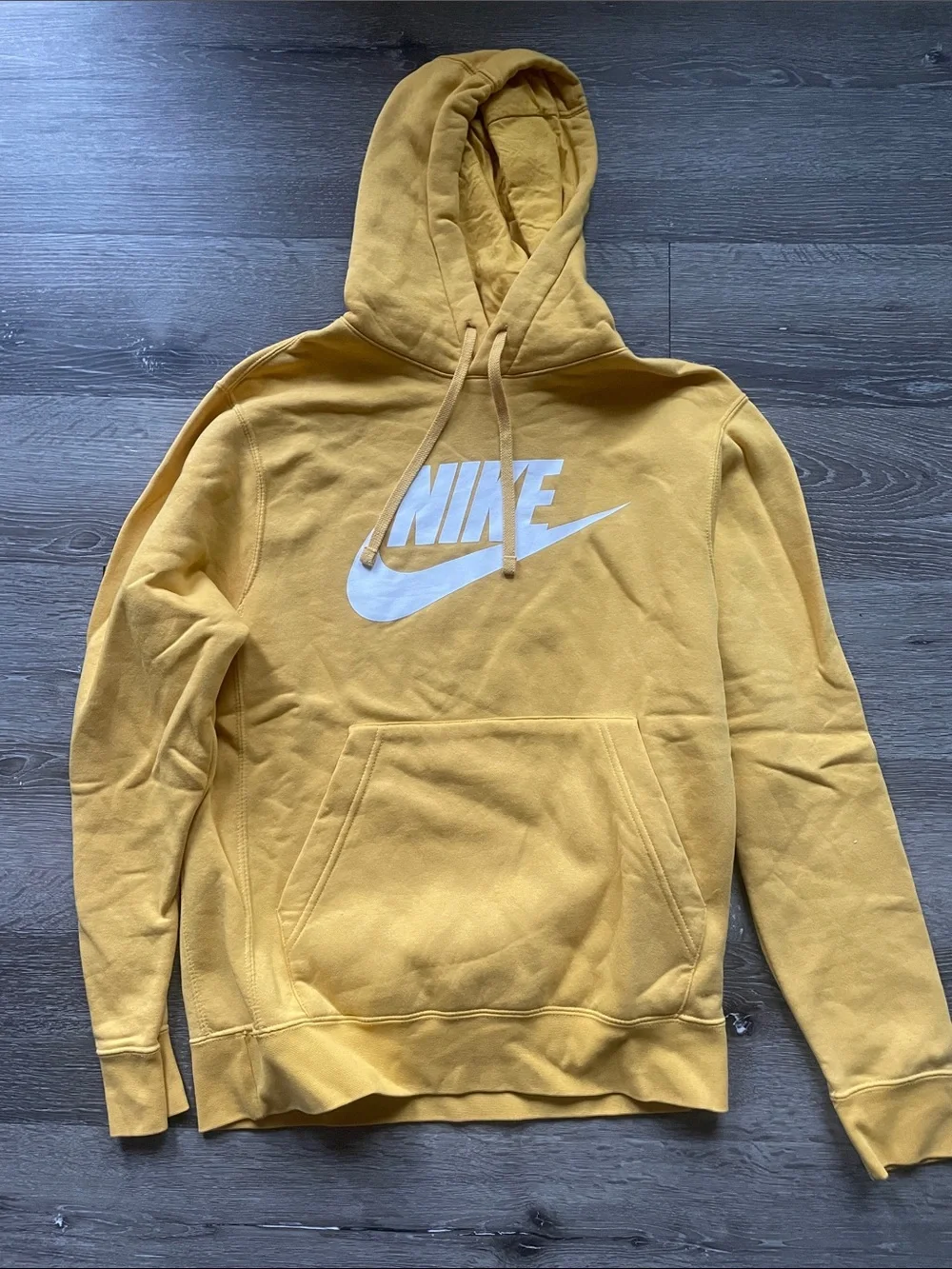 Nike Men's Mustard Yellow Pullover Hoodie with White Swoosh